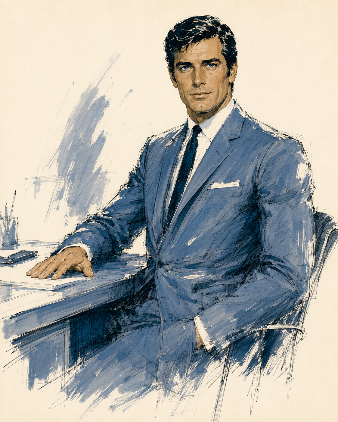 Man in a blue suit seated at a desk with one hand resting on the work surface.