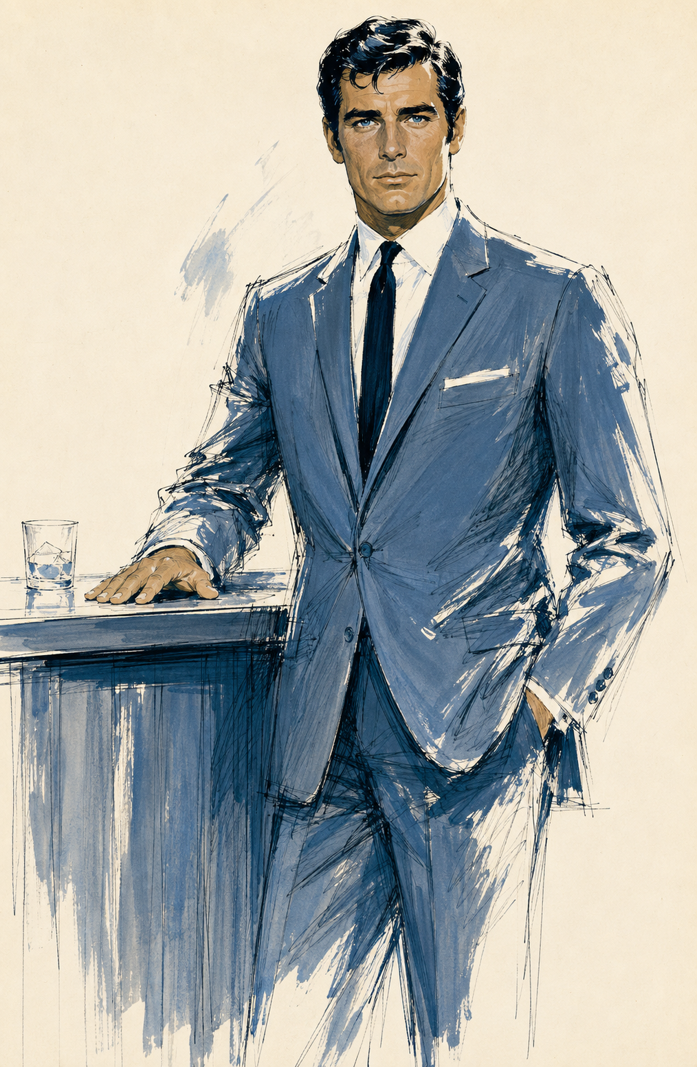 Tall man in a tailored suit standing at a desk, one hand resting on the surface.